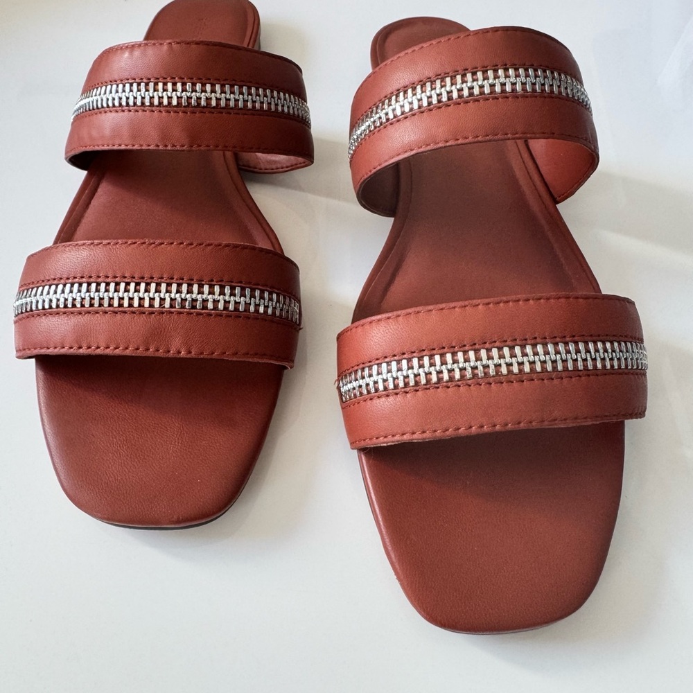 Rebecca Minkoff Tan Sandals with Silver Zipper Detail